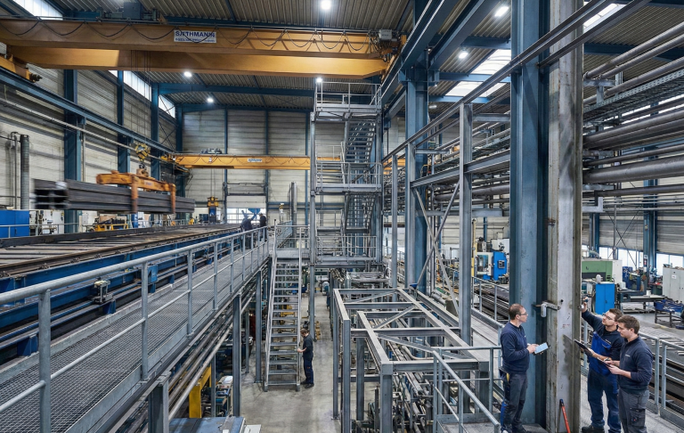 Blick in eine Industriehalle mit Stahltragwerken, Kranbahn und Ingenieuren bei der Inspektion.