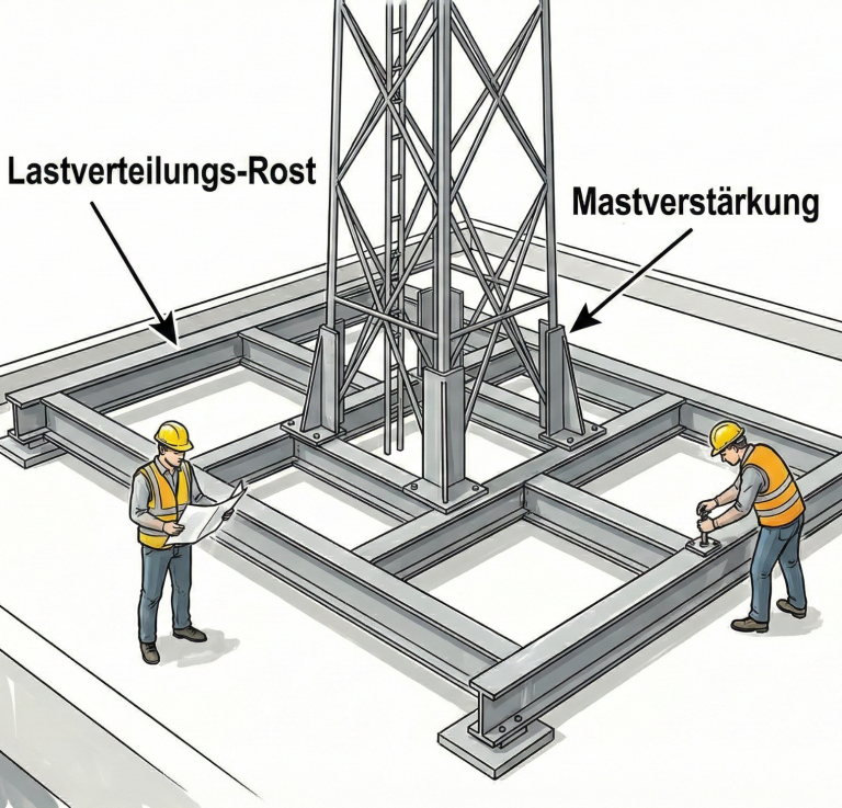 Illustration: Ingenieure installieren Lastverteilungsrost und Mastverstärkung aus Stahl auf einem Dach