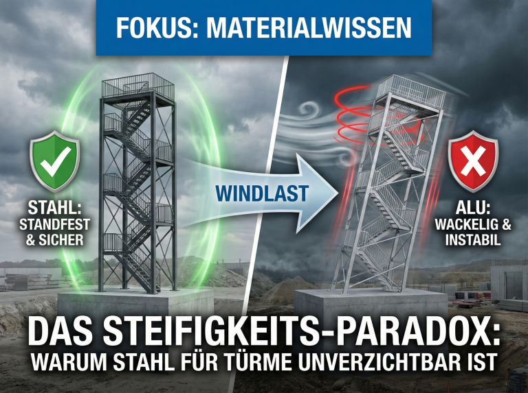 Infografik: Standfester Stahlturm vs. wackeliger Aluminiumturm unter Windlast.