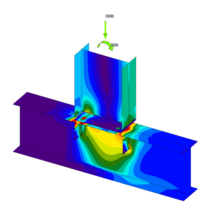 Anschlussoptimierung Stahlbau (CBFEM & Eurocode 3) FEM-Analyse (Spannungsverlauf) eines Stahlknotens in IDEA StatiCa zur Anschlussoptimierung und Materialeinsparung nach EN 1993