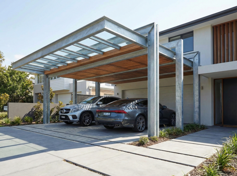 Sonderkonstruktion aus feuerverzinktem Stahl. Hochwertiger Carport mit Glasdach und Holzlamellen-Untersicht als langlebiger Wetterschutz