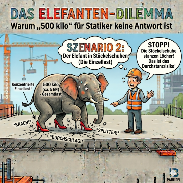 Ein Elefant in roten Stöckelschuhen durchstanzt eine Betonplatte (Einzellast), während ein Statiker alarmiert vor dem Durchstanzrisiko warnt