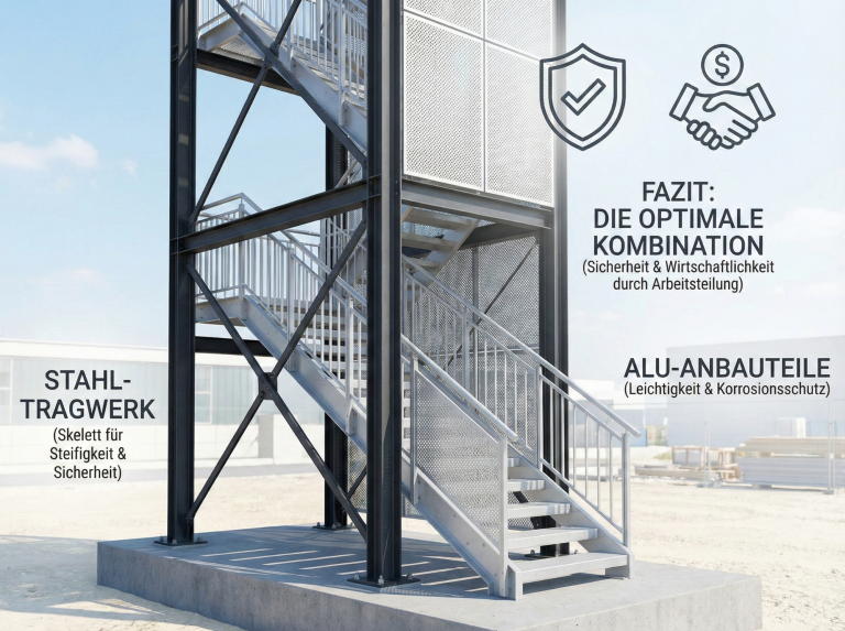 Grafik: Stahl-Tragwerk kombiniert mit Aluminium-Anbauteilen.