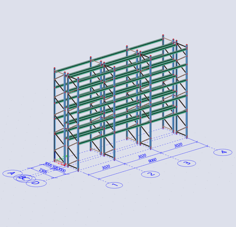Statik Palettenregal Belgien (Erdbeben & Wind) 3D-Modell einer Palettenregalanlage für 30t Feldlast in Belgien, statisch berechnet unter Berücksichtigung von Wind- und Erdbebenlasten