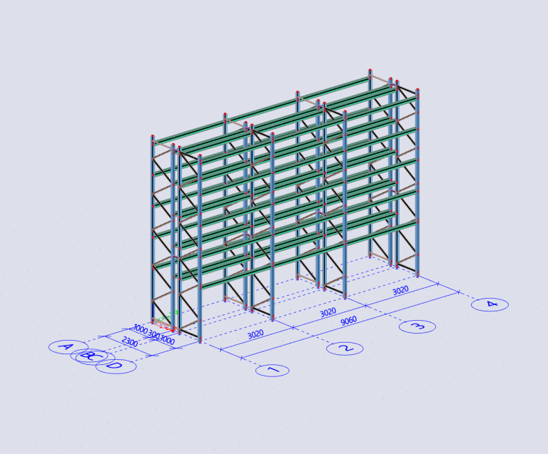 3D-Statik: Schwerlast-Palettenregalanlage. Tragwerksplanung für Hochregallager unter Erdbebenlasten in Sint-Pieters-Leeuw, Belgien