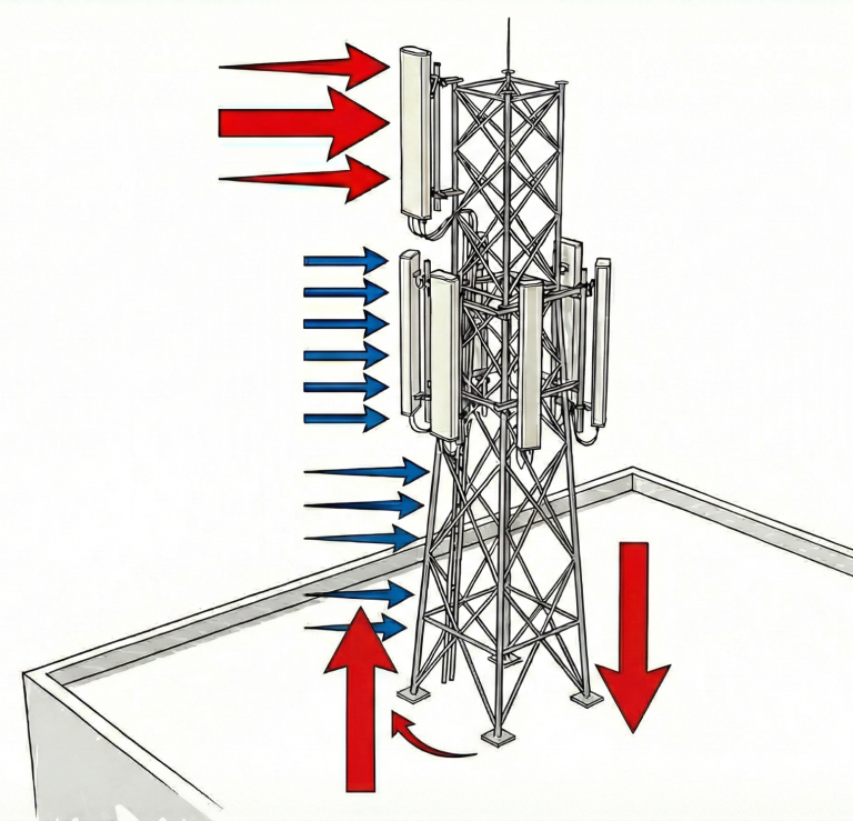Illustration: Windlasten auf hohe Antennen erzeugen durch den Hebelarm starke Zug- und Druckkräfte an der Mastbasis