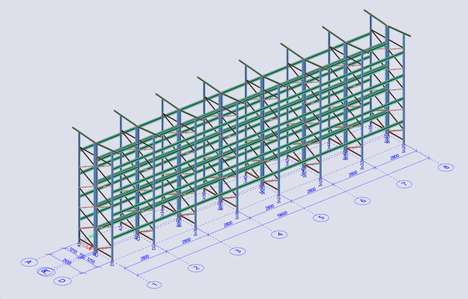 3D-Statikmodell eines Hochregallagers. Tragwerksplanung und statische Berechnung von Regalanlagen nach EN 15512