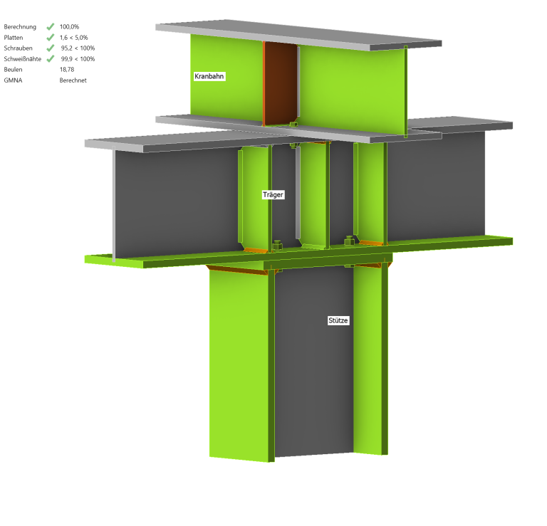 Statik Kranbahn Optimierung (Eurocode 3) 3D-FEM-Modell eines optimierten Kranbahn-Auflagers (Stahlbau) in IDEA StatiCa, berechnet nach Eurocode 3 inkl. Beulnachweis