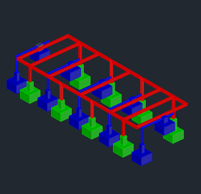 3D-Statikmodell einer Stahl-Rohrbrücke im Anlagenbau. Die Tragwerksplanung des Ersatzneubaus erfolgt kollisionsfrei nach TRAS 320.