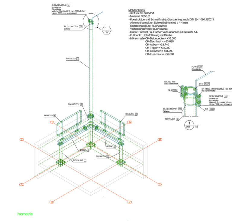 3D-Werkplanung: Stahlrahmenkonstruktion für einen Mobilfunk-Dachstandort. Prüffähige Statik unter dynamischen Windlasten