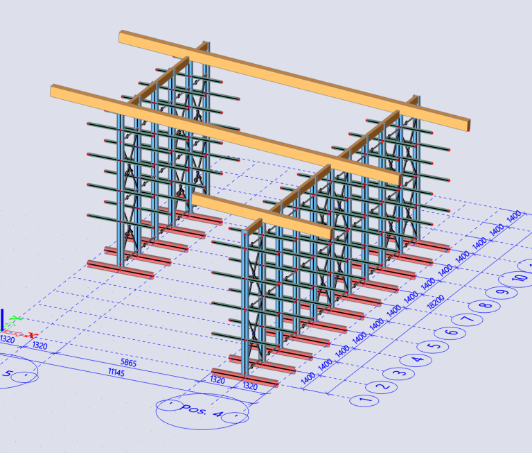 Statik Erweiterung Kragarmregalhalle Österreich – Ingenieurbüro Parusel 3D-Modell der Erweiterung einer Kragarmregalhalle (25m lang) mit Dachbindern aus Brettschichtholz, statisch berechnet für Standort Feldbach