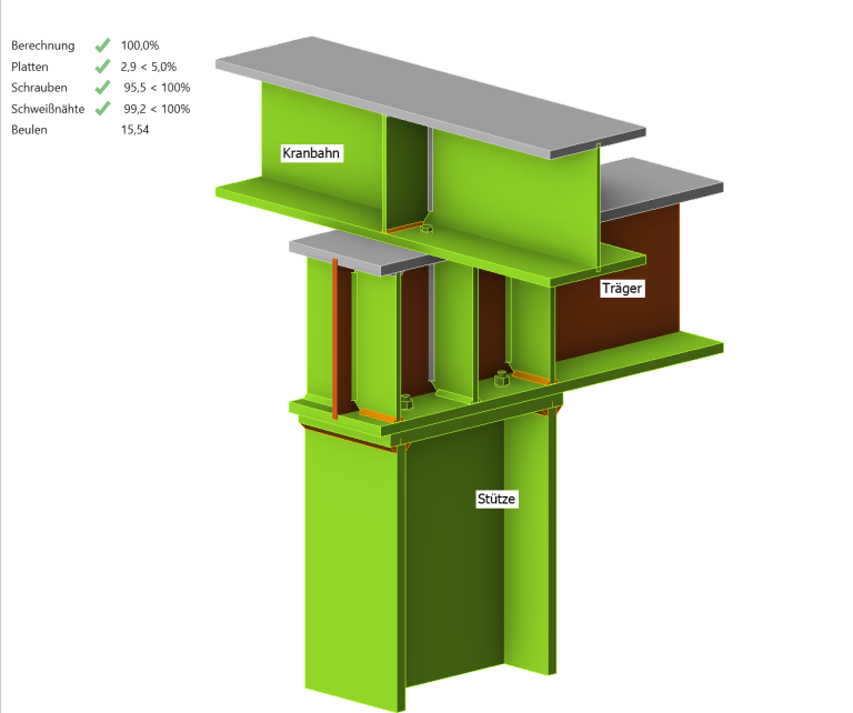 3D-Modell eines Kranbahnauflagers im Anlagenbau. Die statische Detailberechnung und Optimierung erfolgen nach Eurocode 3 mit IDEA StatiCa