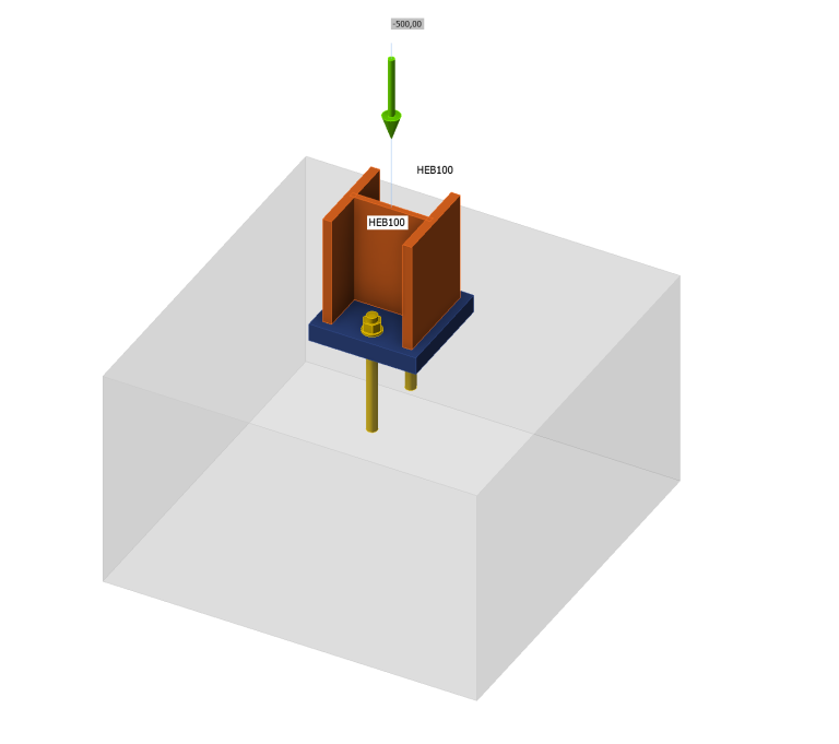 3D-Simulation einer HEB100 Stahlstütze in IDEA StatiCa, die mit 500 kN auf eine Betonplatte drückt.