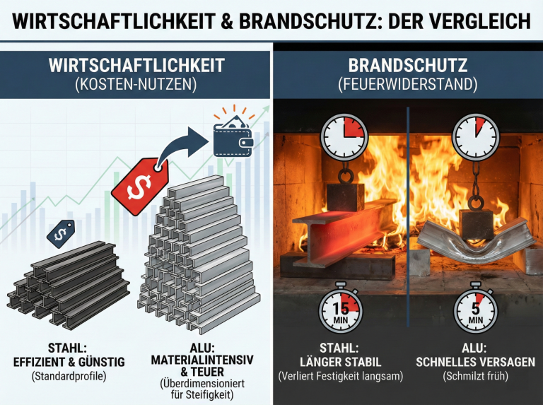 Grafik: Stahl ist kosteneffizienter und im Brandfall stabiler als Alu.