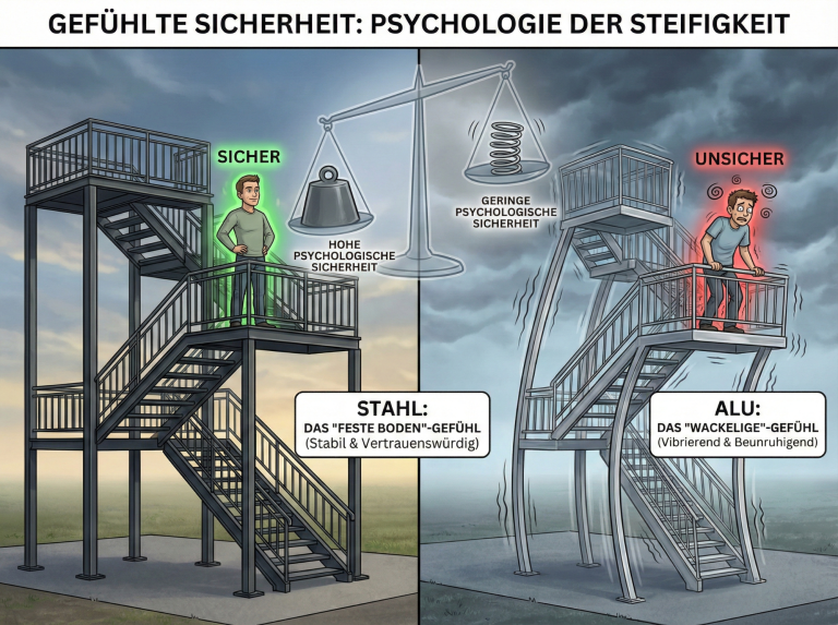 Grafik: Sicherer Stand auf Stahlturm vs. wackeliges Gefühl auf Aluturm.