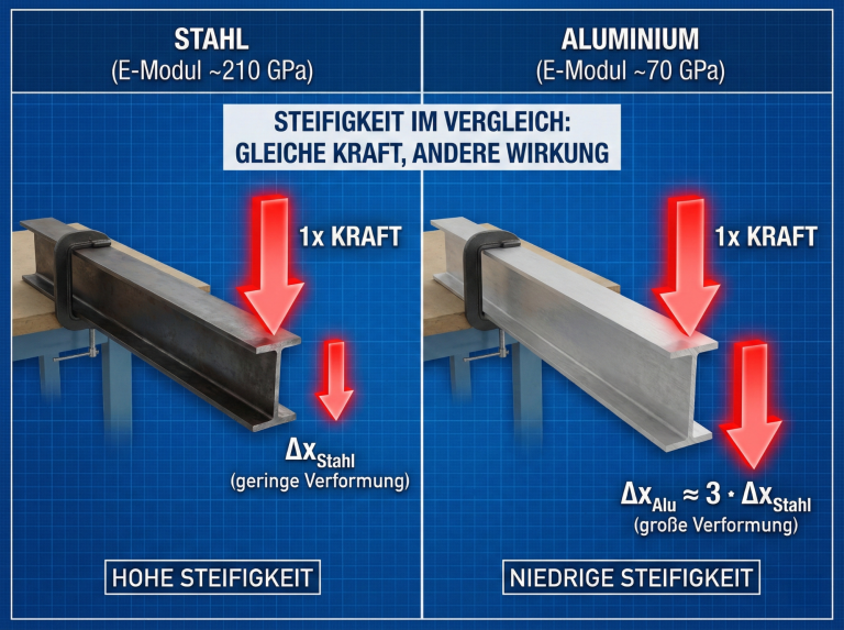 Grafik: Aluminium verformt sich unter Last dreimal stärker als Stahl.