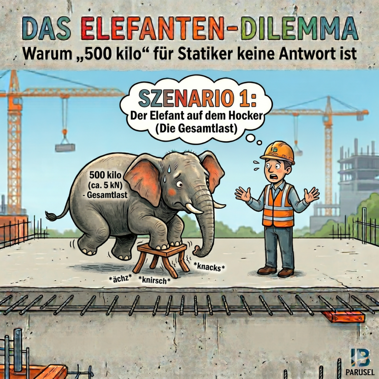 Karikatur: Ein Elefant mit 500 kg Gesamtlast bringt einen winzigen Holzhocker zum Brechen, während ein Statiker besorgt zusieht.