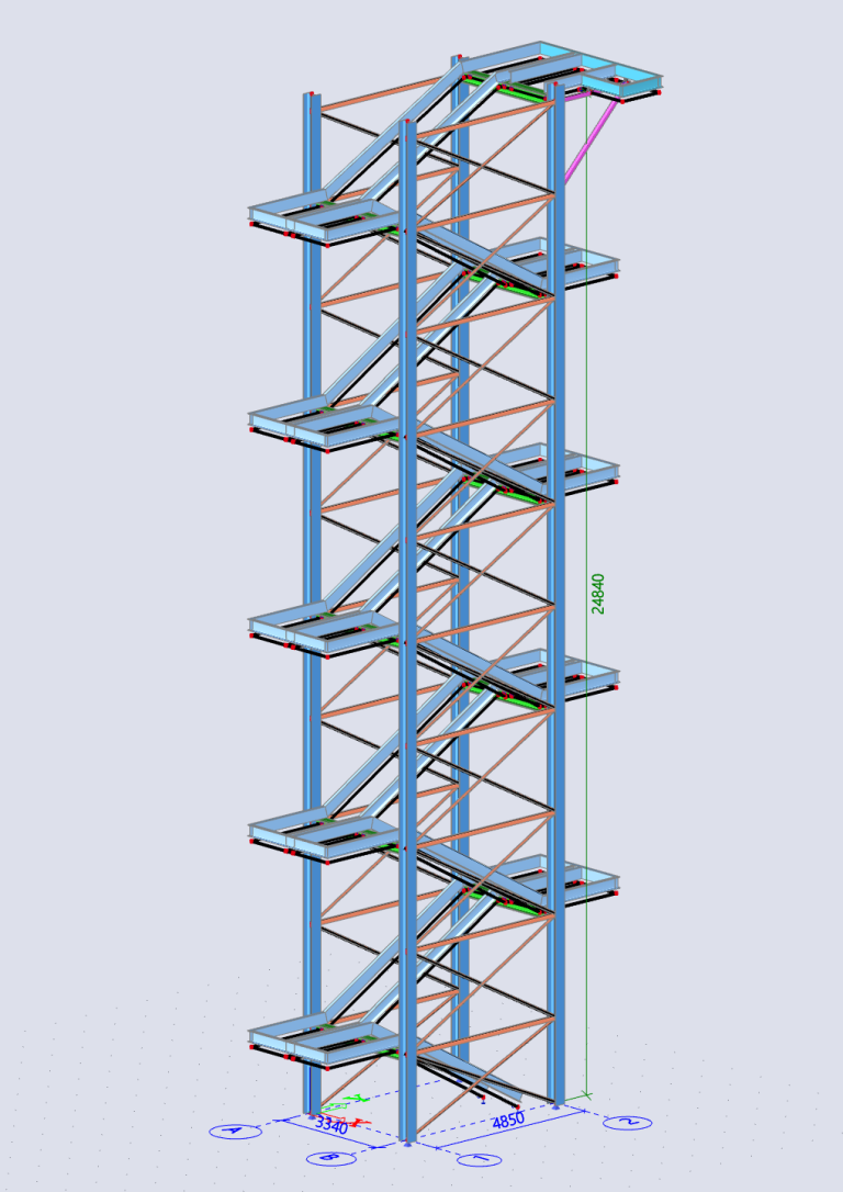 3D-Statik: 25 m hoher Stahltreppenturm als Fluchtweg. Tragwerksplanung für den Industriebau.