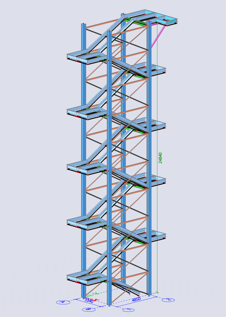 Statik Treppenturm Petrochemie TRAS 320 3D-Modell eines 25 m hohen Treppenturms (Stahlbau) für die Petrochemie in Gelsenkirchen. Statischer Nachweis als Fluchtweg nach TRAS 320