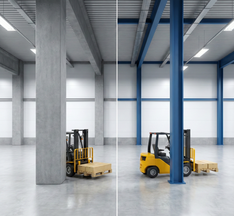 Platzvergleich Lagerhalle: Dicke Betonstütze behindert Gabelstapler, schlanke Stahlstütze schafft Platz.