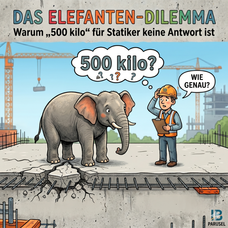 Illustrative Karikatur: Das Elefanten-Dilemma in der Statik – ungenaue Lastangaben auf einer Betonplatte.