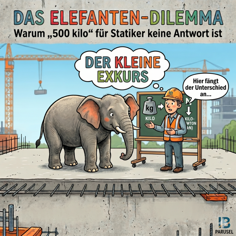 Karikatur: Ein Statiker erklärt dem Elefanten anhand einer Tafel den Unterschied zwischen Masse (kg) und Kraft (kN).