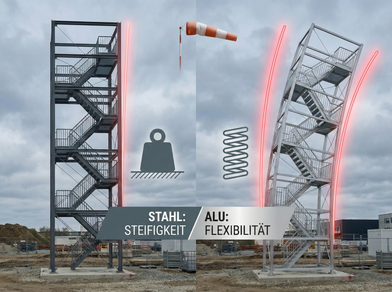 Vergleichsgrafik: Stabiler Treppenturm aus Stahl links, stark verbogener Aluminiumturm unter Windlast rechts.