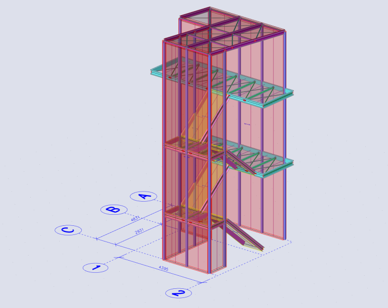 3D-Statik: Vollverglaster Stahltreppenturm als Fluchtweg. Tragwerksplanung für Wohngebäude in Troisdorf-Spich