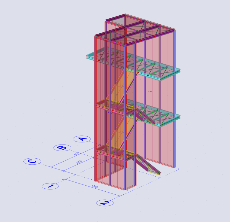 Statik verglaste Stahltreppe (Fluchtweg) 3D-Modell eines verglasten Stahltreppenturms zwischen zwei Gebäuden in Spich, statisch berechnet als Fluchtweg durch Ingenieurbüro Parusel