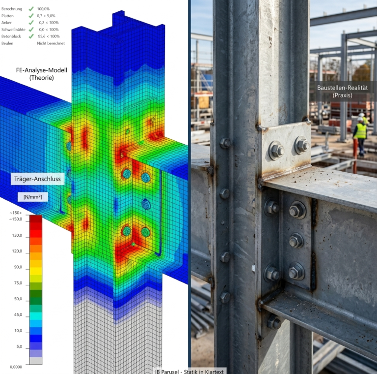 Theorie vs. Praxis: 3D-Statikmodell eines Stahlknotens neben dem echten Bauteil.