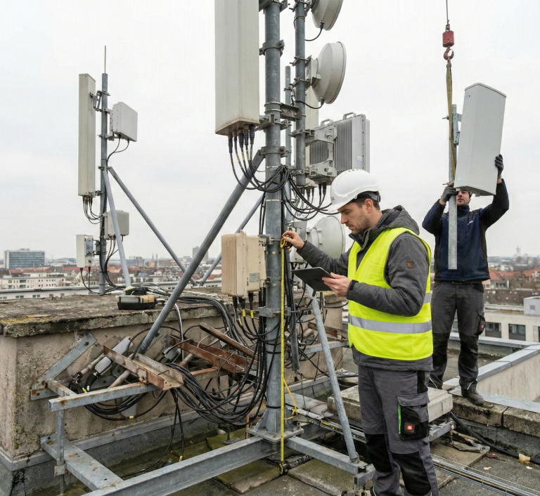 Inspektion und Montage von Mobilfunkantennen auf einem Bestandsdach