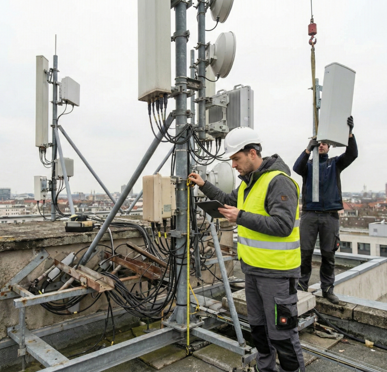 Ingenieur prüft Statik am Dachmast, Monteur installiert neue Mobilfunkantenne