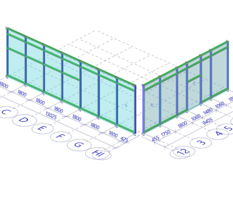 Statik Modernisierung Glasfassade (Schüco FWS 50) 3D-Modell einer Aluminium-Glas-Fassade (Pfosten-Riegel-System Schüco FWS 50) für eine Modernisierung in Sankt Augustin