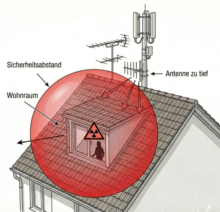 Grafik zeigt Strahlungsfeld, das bei tiefer Montage in den Wohnraum ragt