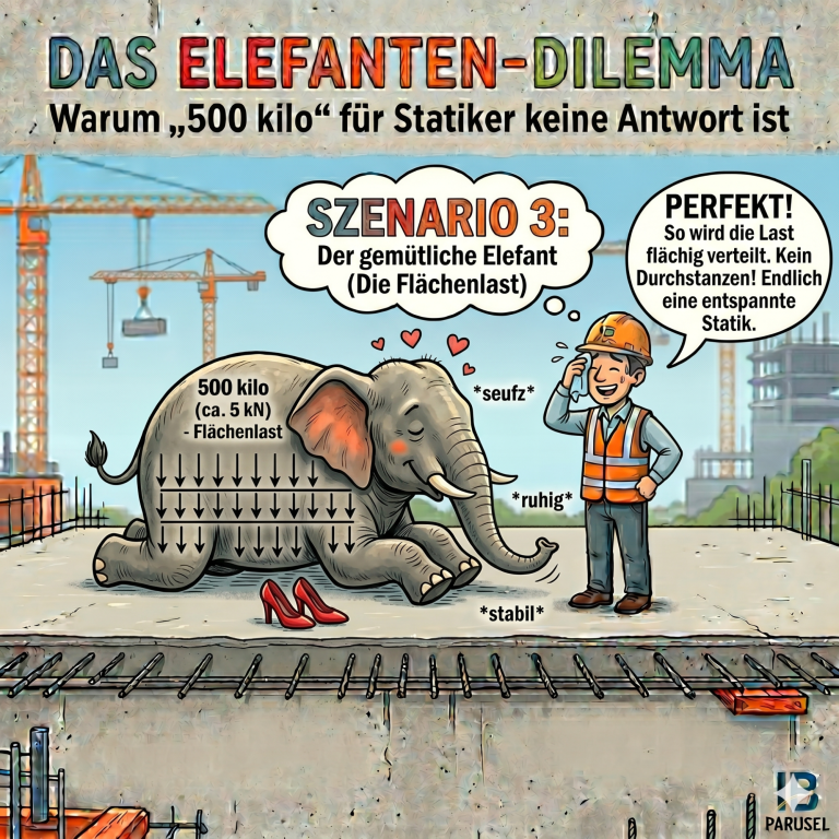 Karikatur: Ein liegender Elefant verteilt seine 500 kg sicher als Flächenlast auf einer intakten Betonplatte. Der Statiker atmet auf.