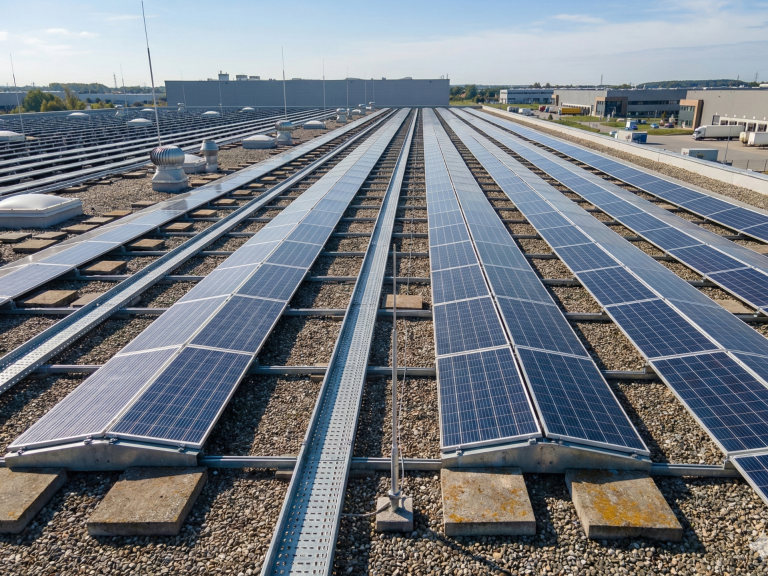 Statik PV-Anlage Bestand (Leverkusen) Ballastierte Photovoltaikanlage auf einem Flachdach in Leverkusen, statisch geprüft auf Zusatzlasten durch Ingenieurbüro Parusel