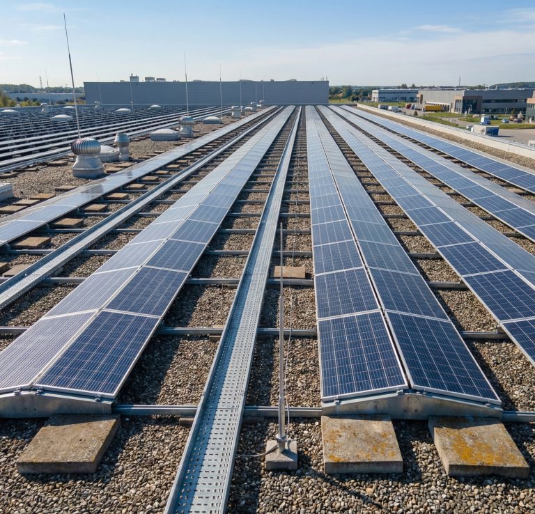 Statik für eine Photovoltaik-Nachrüstung auf einem Flachdach. Tragwerksanalyse für Bestandsbauten in Leverkusen
