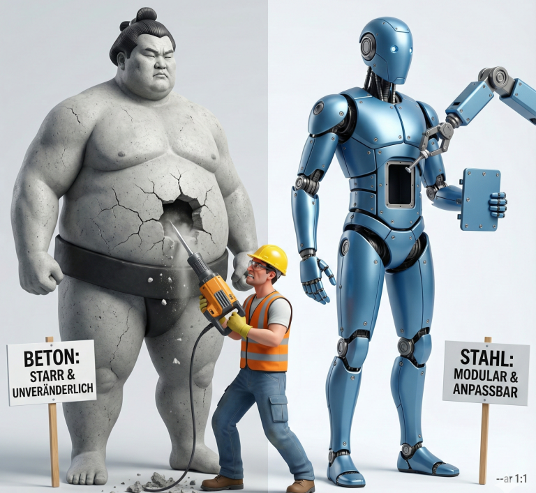 Vergleich Flexibilität: Starrender Beton-Sumo gegen modularen Stahl-Roboter bei Anpassungen.