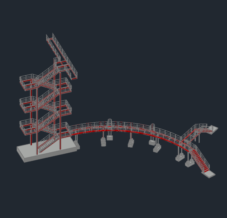 3D-Statik: Stahltreppenturm mit Laufstegen. Tragwerksplanung für den Industriebau.
