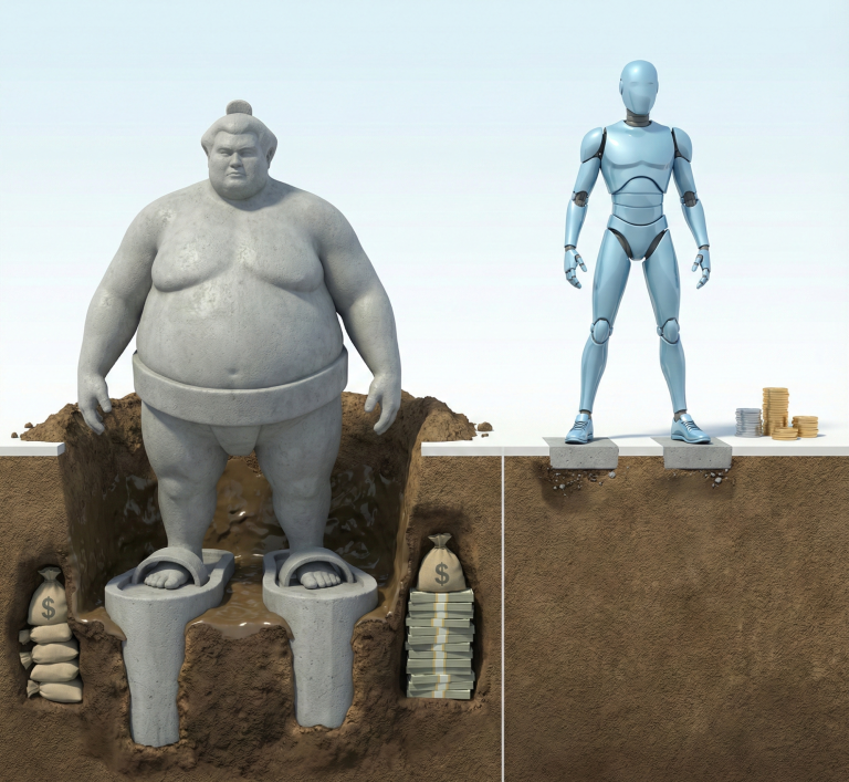 Vergleich Fundamente: Beton-Sumo vergräbt Geld in teuren, tiefen Fundamenten; Stahl-Sprinter spart Kosten auf kleinen, flachen Fundamenten.