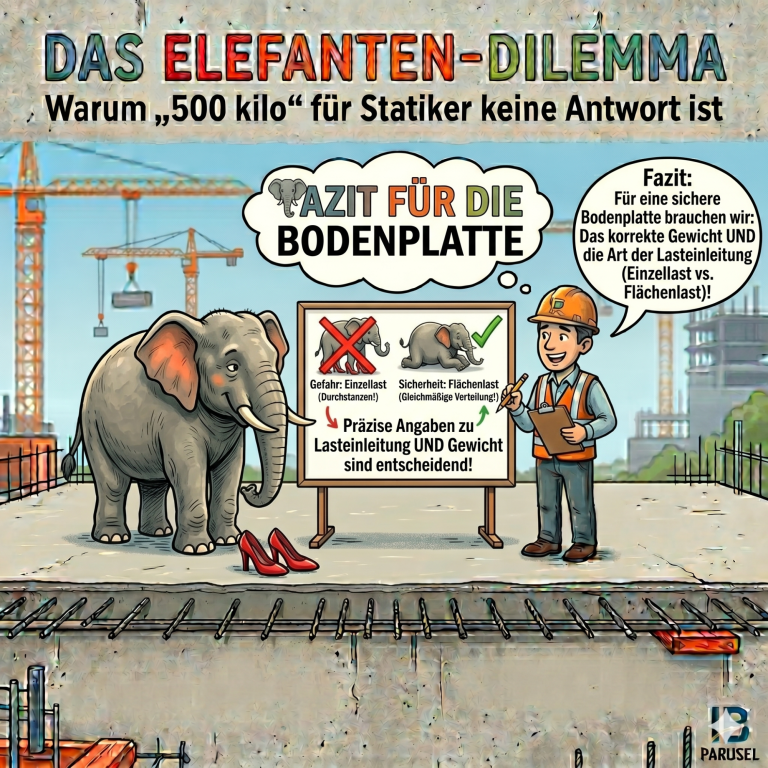 Ein Statiker fasst anhand einer Schautafel zusammen, dass für eine sichere Bodenplatte das Gewicht UND die Art der Lasteinleitung zählen.
