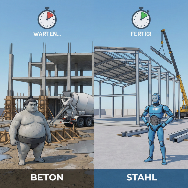 Vergleich Baugeschwindigkeit: Langsame, nasse Betonbaustelle (Sumo, Warten) gegenüber schneller, trockener Stahlmontage (Roboter, Fertig).