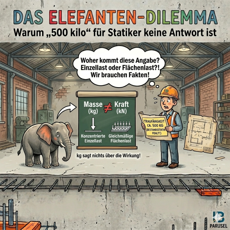 Karikatur: Statiker und Elefant zur Erklärung von Lastwirkungen (kg vs kN).
