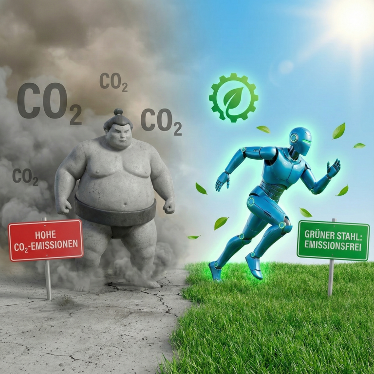 CO2-Vergleich: Beton-Sumo in grauer Abgaswolke gegenüber sauberem Stahl-Roboter (Grüner Stahl) in klarer Luft.